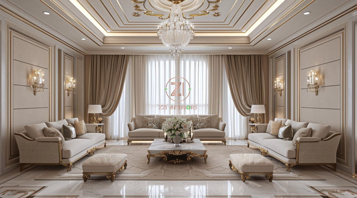 Luxury Majlis interior design Dubai villa with custom wall seating, soft lighting, chandelier, and elegant Arabic décor by ZZI Interiors