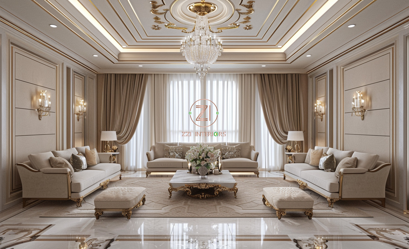 Luxury Majlis interior design Dubai villa with custom wall seating, soft lighting, chandelier, and elegant Arabic décor by ZZI Interiors