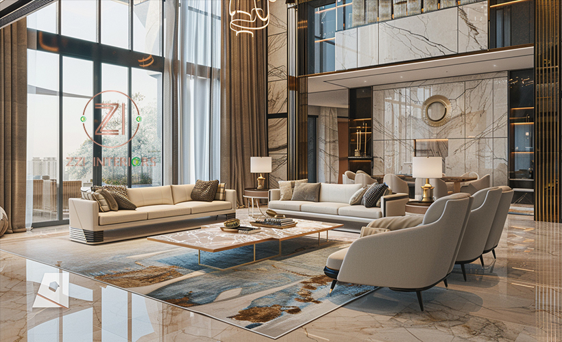 Modern living room furniture arrangement in a Dubai villa interior