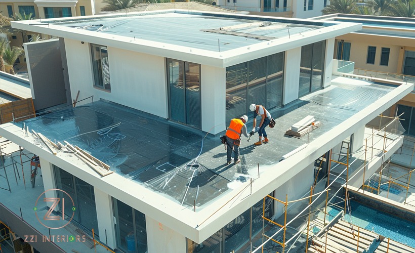 Mesh roof waterproofing layer being installed on Dubai villa for added structural protection
