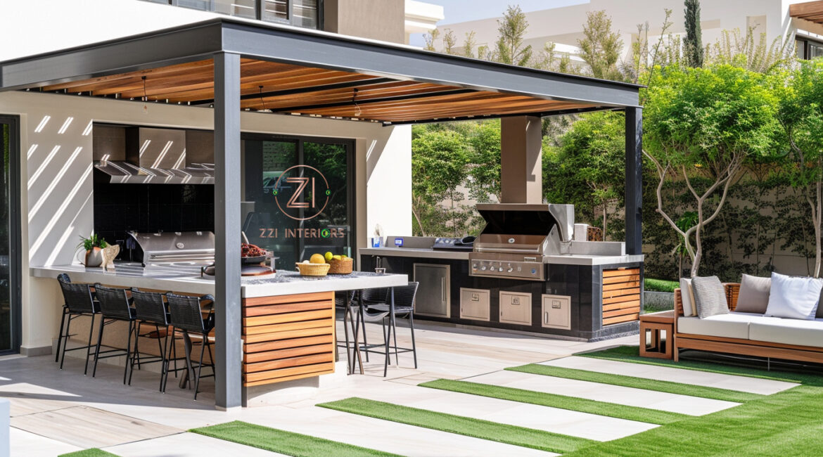 Completed outdoor BBQ kitchen built into a villa in Dubai with granite countertop and built-in grill