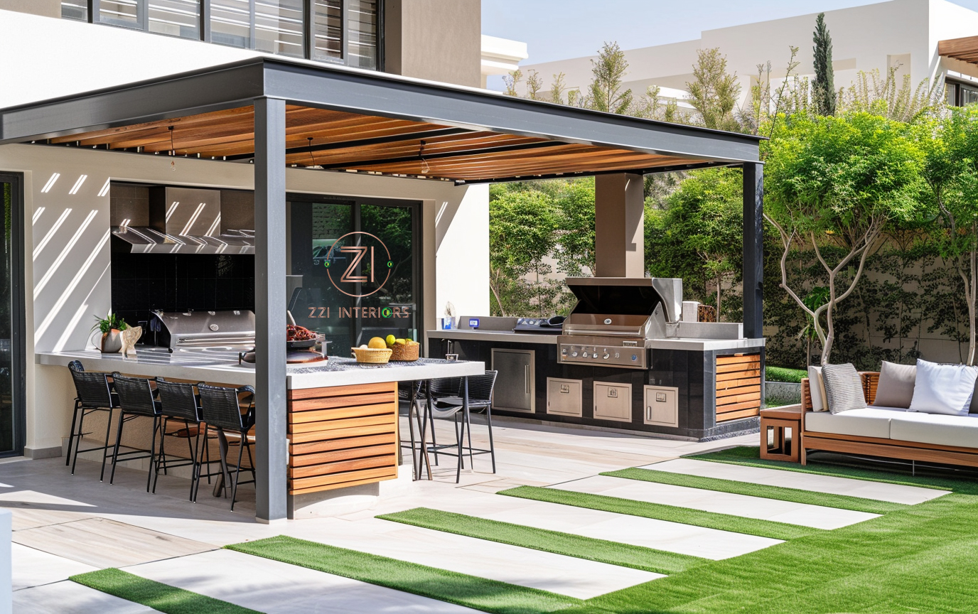 Completed outdoor BBQ kitchen built into a villa in Dubai with granite countertop and built-in grill