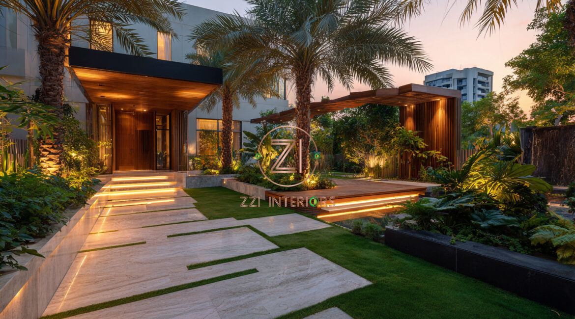Luxury villa outdoor lighting design with pool and garden spotlights in Dubai