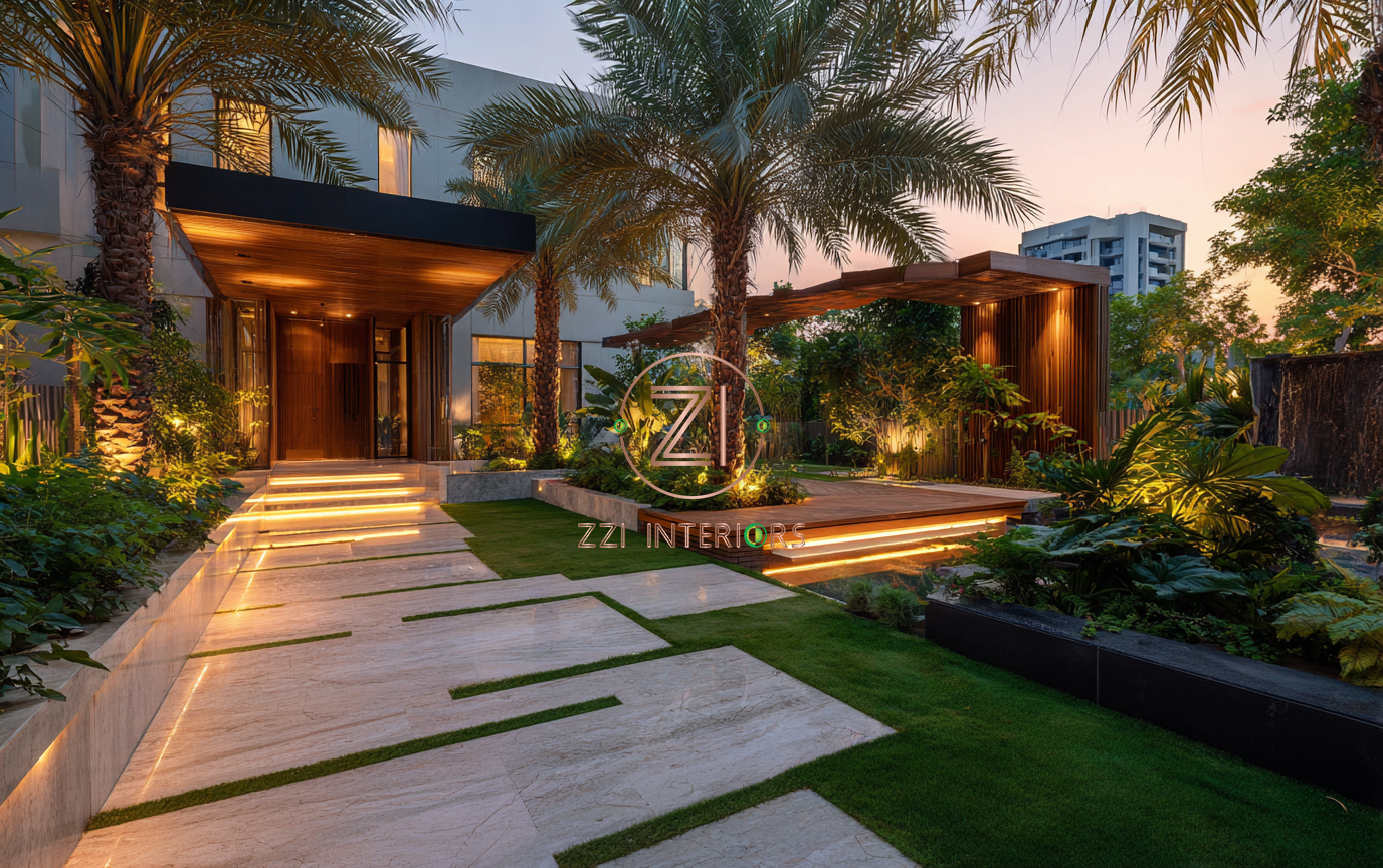 Luxury villa outdoor lighting design with pool and garden spotlights in Dubai