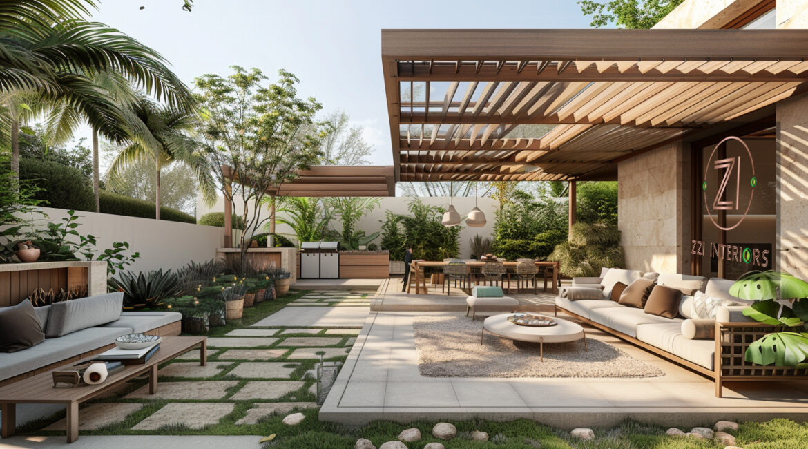 Covered outdoor majlis seating area with cushioned sofas in a Dubai villa garden