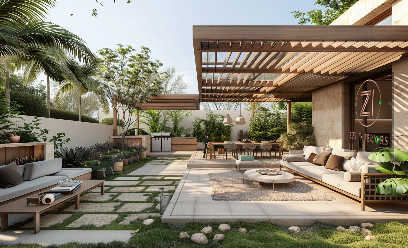 Covered outdoor majlis seating area with cushioned sofas in a Dubai villa garden