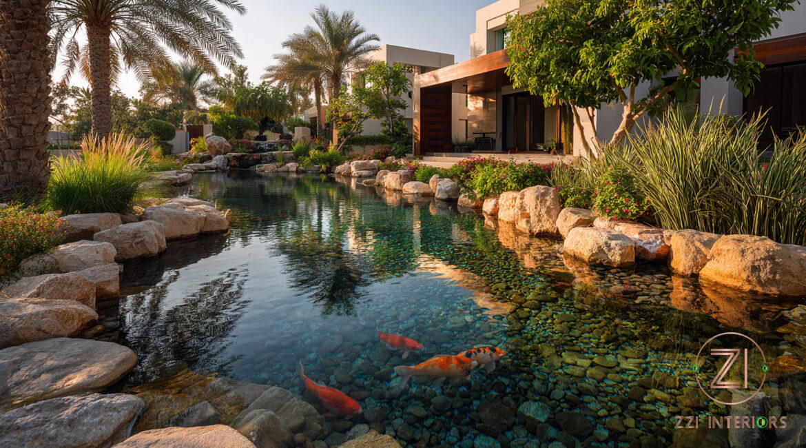 Luxury garden pond design at a Dubai villa with koi fish and tropical planting - ZZI Interiors