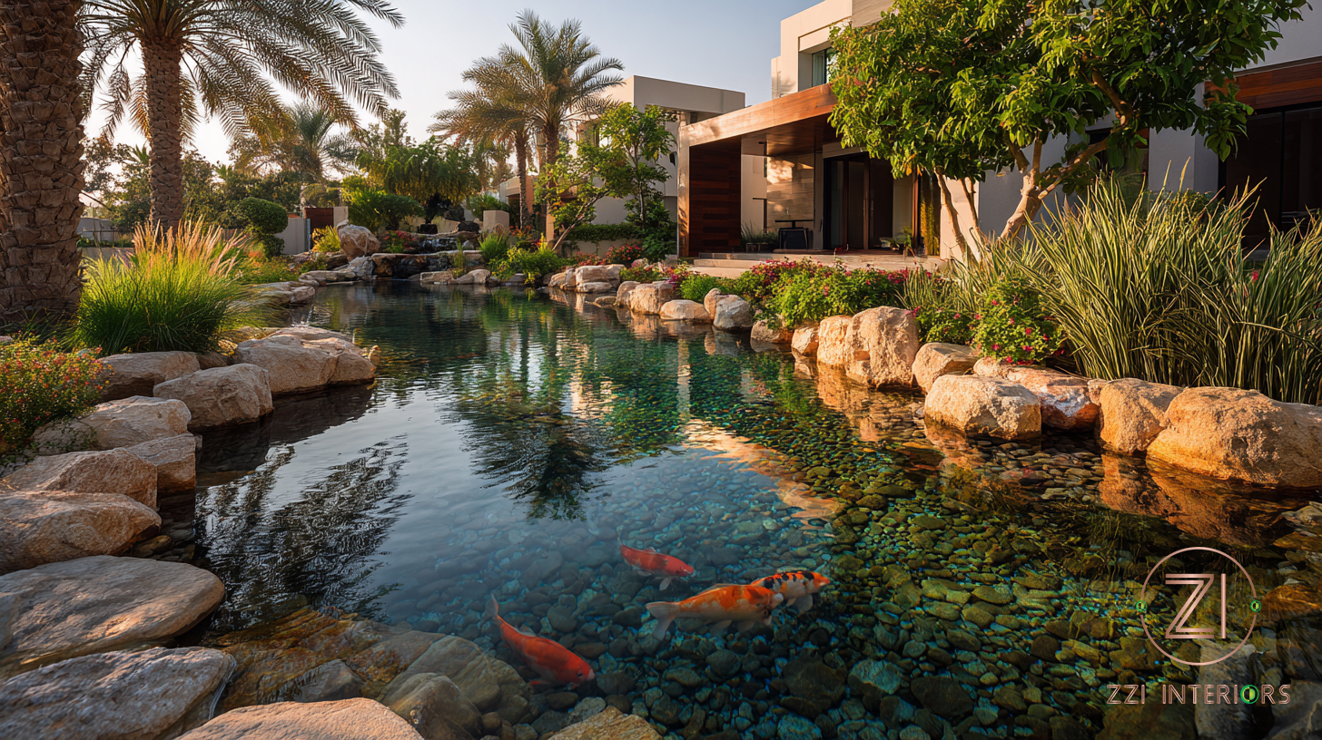 Luxury garden pond design at a Dubai villa with koi fish and tropical planting - ZZI Interiors