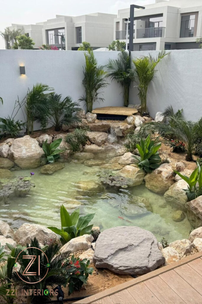 Water lilies and lotus plants in a natural pond suited to Dubai climate