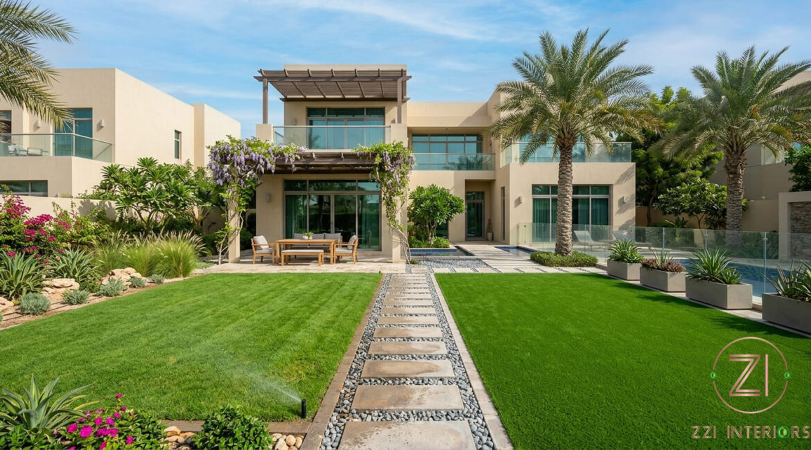 Real grass lawn next to artificial turf in a Dubai villa garden