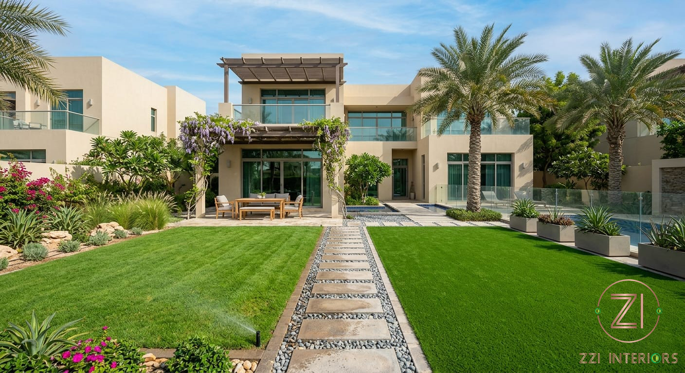 Real grass lawn next to artificial turf in a Dubai villa garden