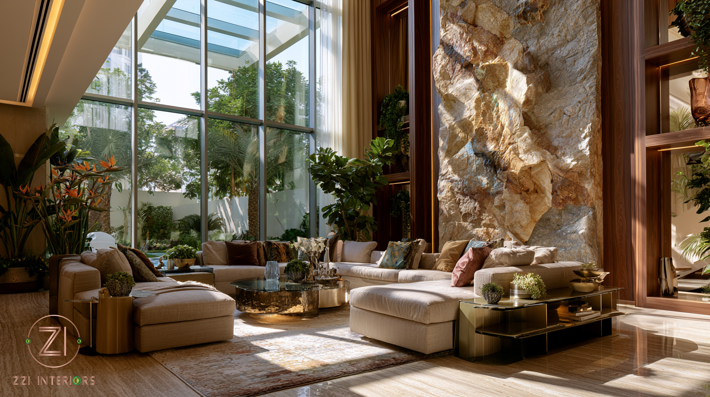 Biophilic design in a Dubai villa featuring a living plant wall and natural stone finishes by ZZI Interiors