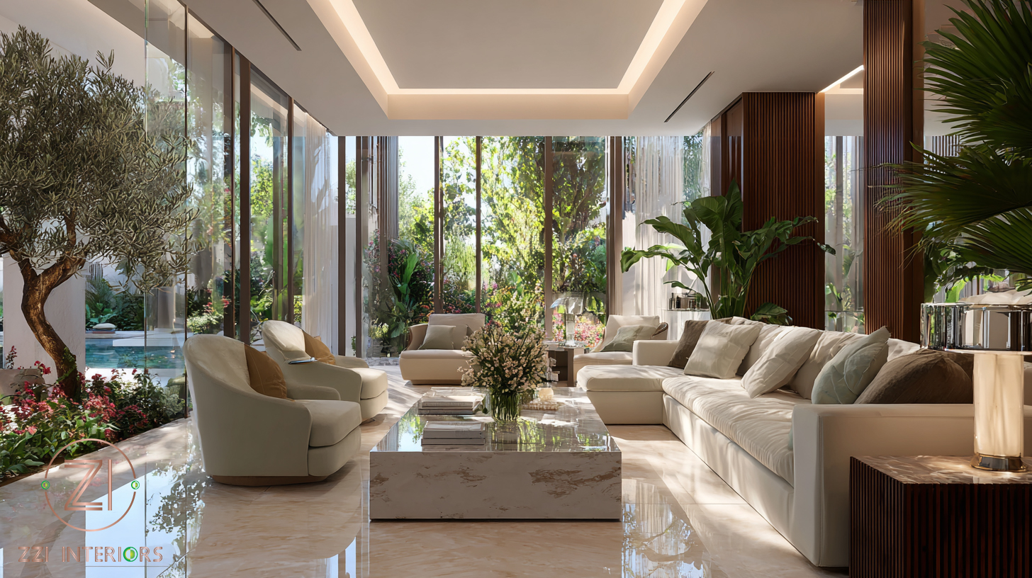 Luxury Dubai villa living room with natural stone, timber, and skylight as part of biophilic interior design by ZZI Interiors