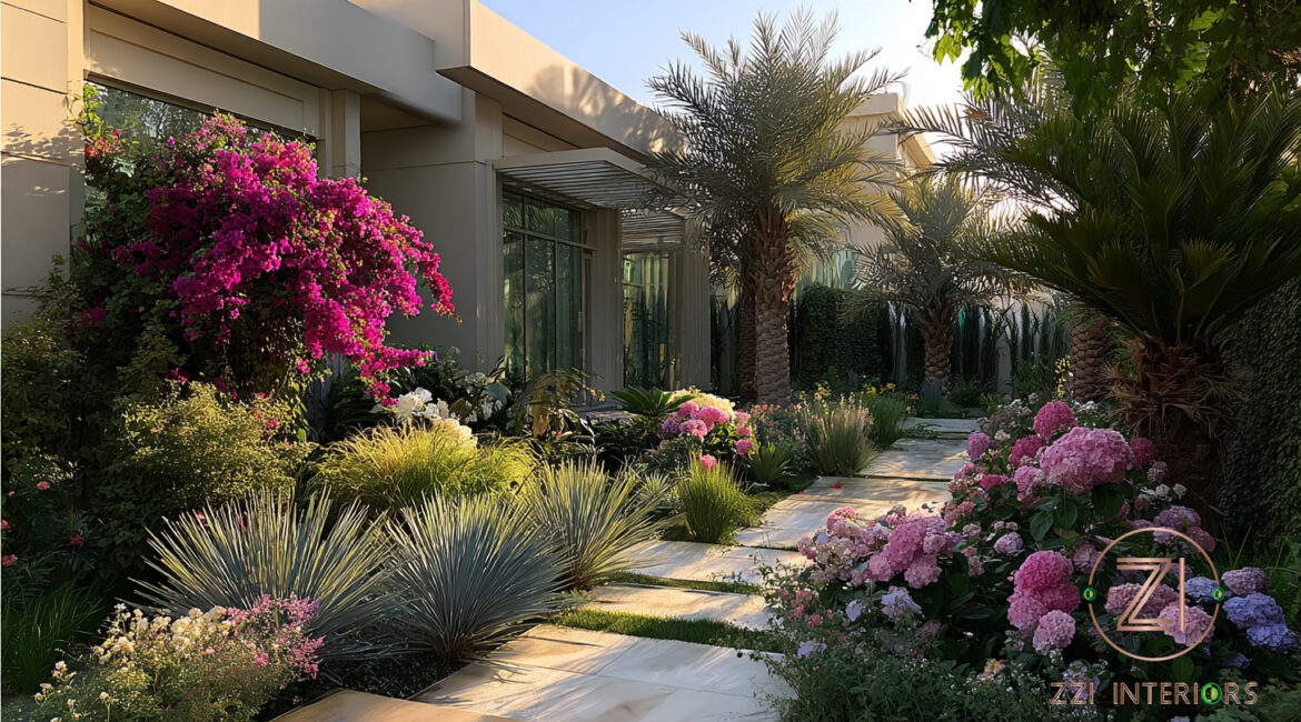 Lush Dubai villa garden with heat-resistant plants like bougainvillea and date palms designed by ZZI Interiors