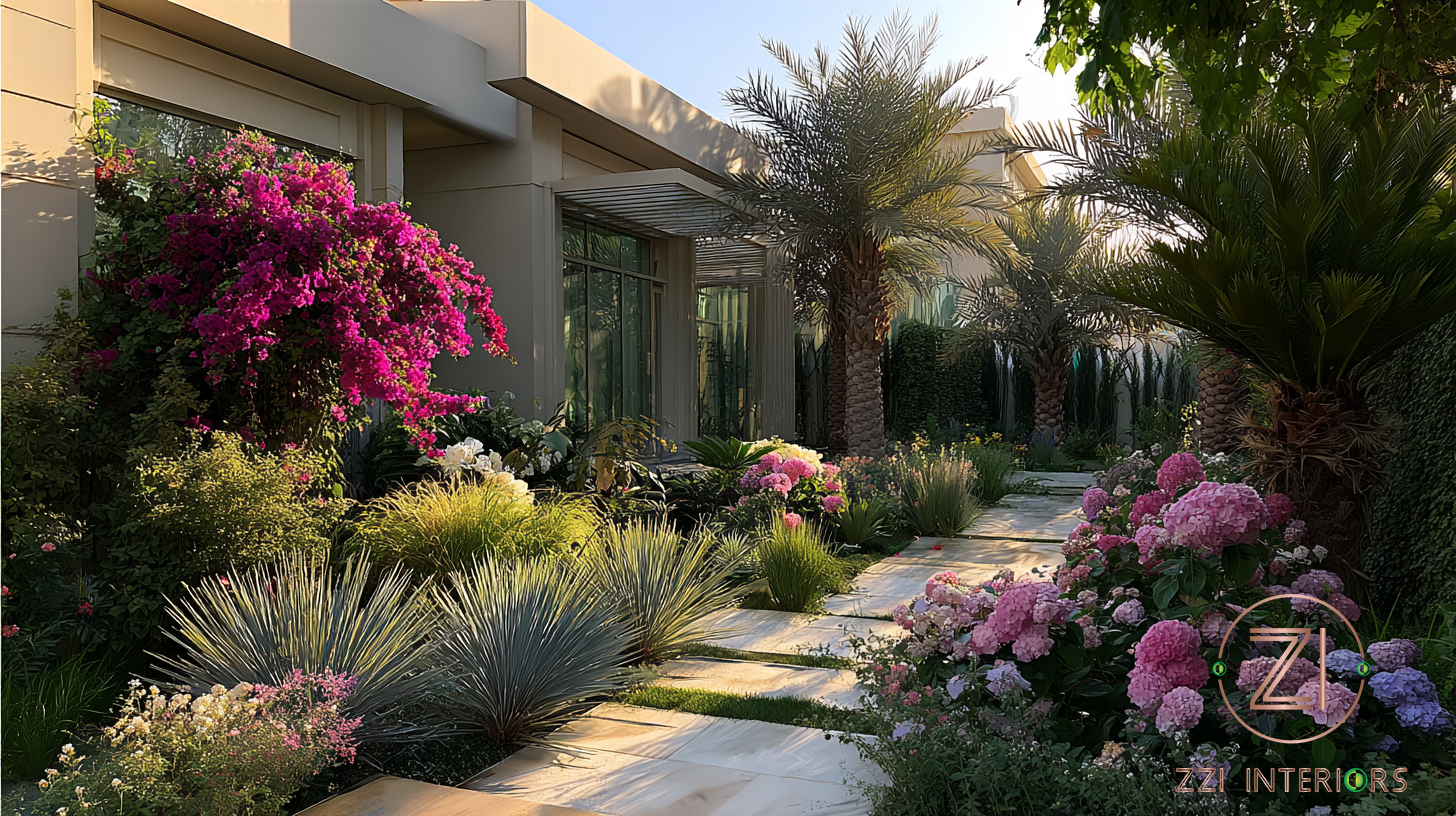 Lush Dubai villa garden with heat-resistant plants like bougainvillea and date palms designed by ZZI Interiors