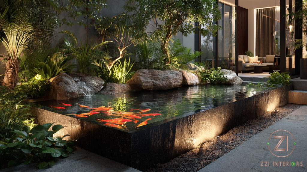 Peaceful koi pond with palm tree reflections in a Dubai villa garden designed by ZZI Interiors