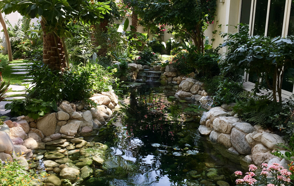 Natural garden pond design in a Dubai villa outdoor space