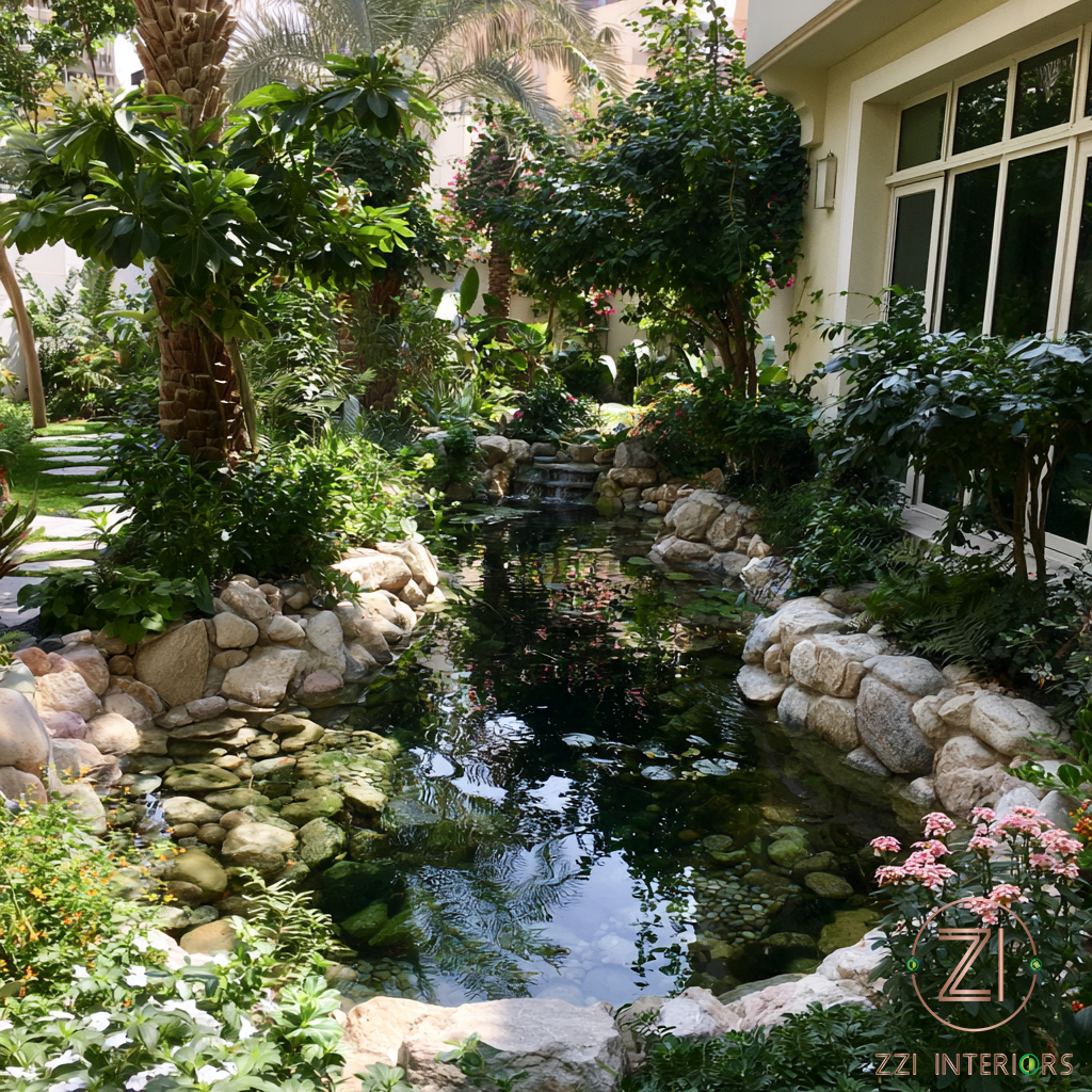 Natural garden pond design in a Dubai villa outdoor space