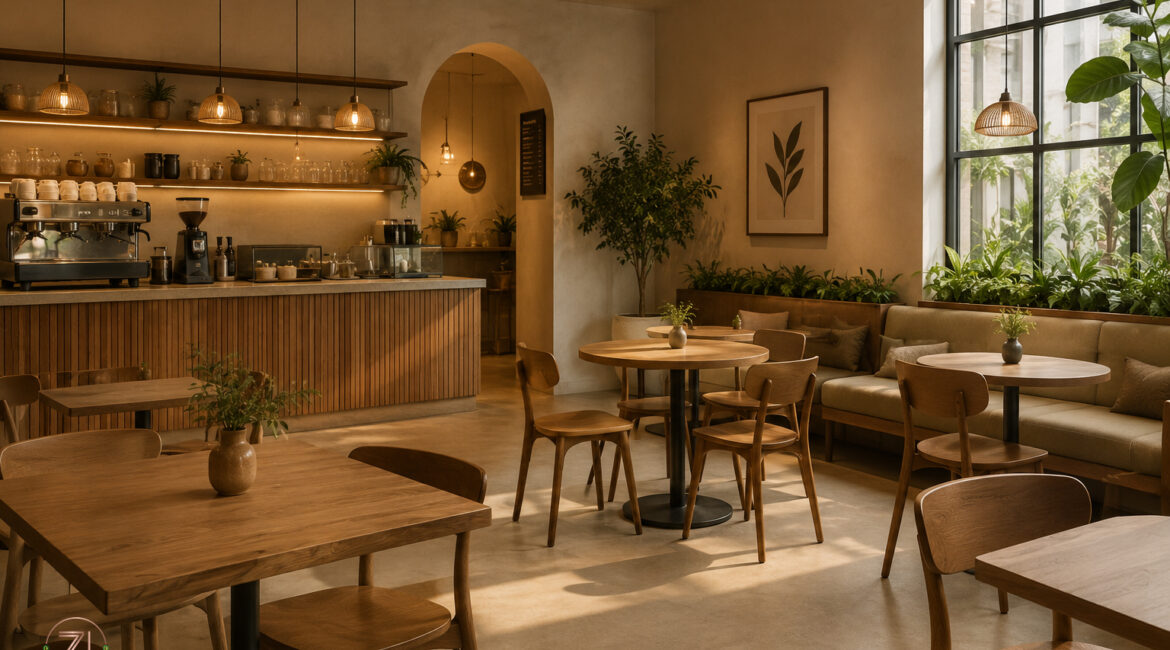Warm layered lighting and cozy seating in a Dubai café interior designed by Zareen Shaikh of ZZI Interiors