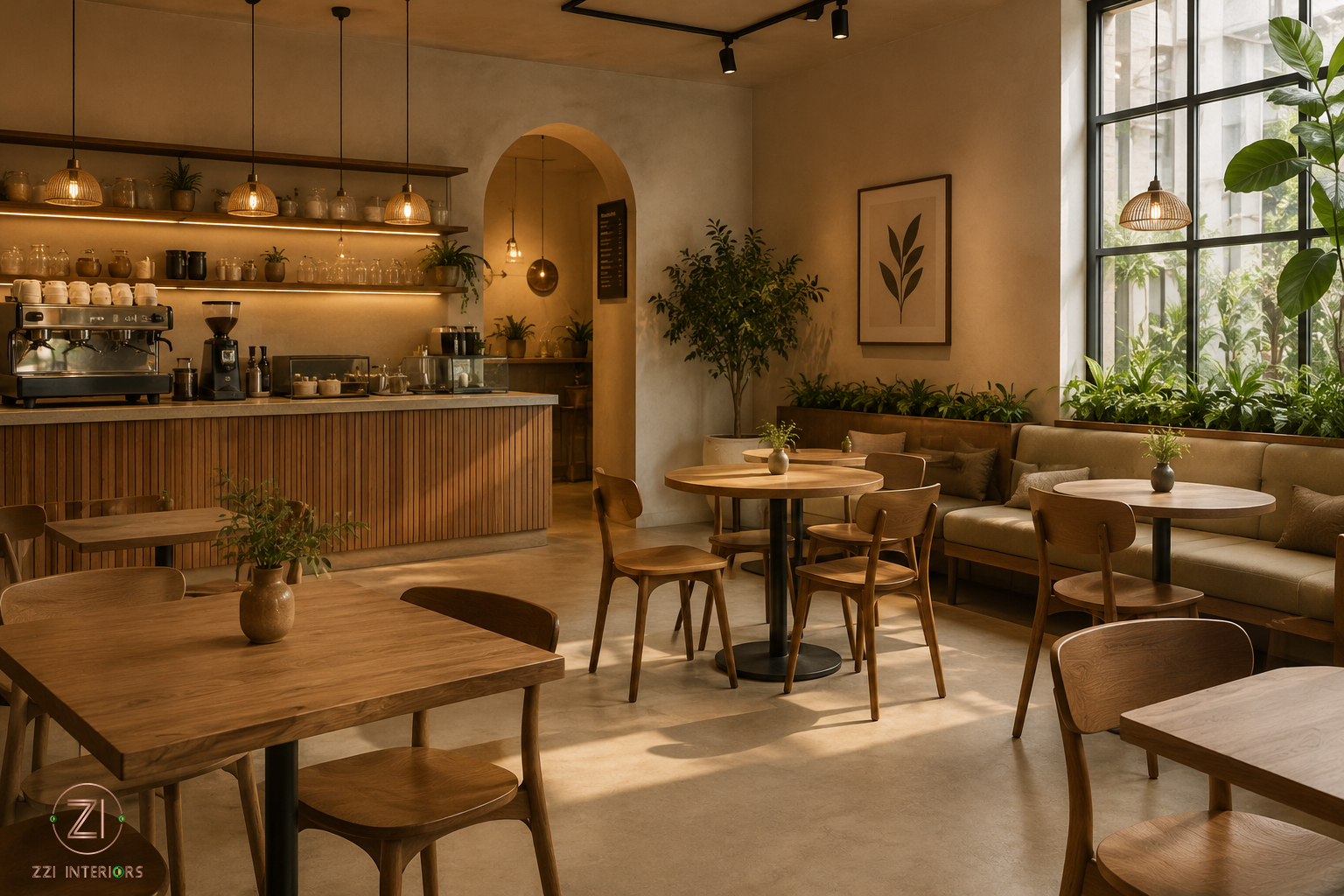 Warm layered lighting and cozy seating in a Dubai café interior designed by Zareen Shaikh of ZZI Interiors