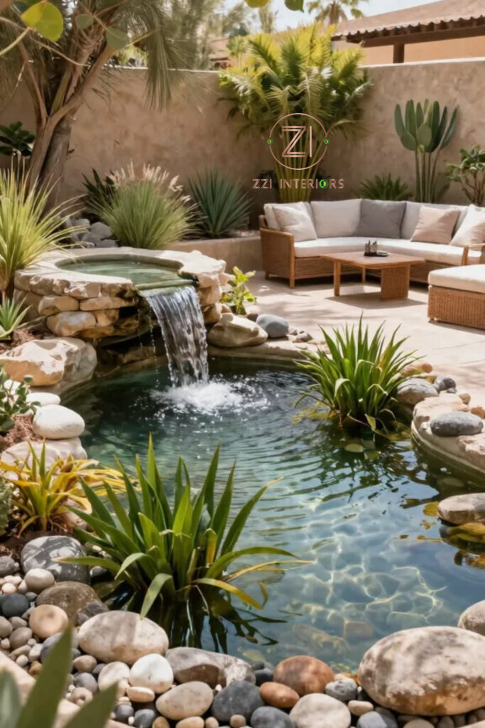 Pergola shade over a garden pond in a Dubai villa landscape