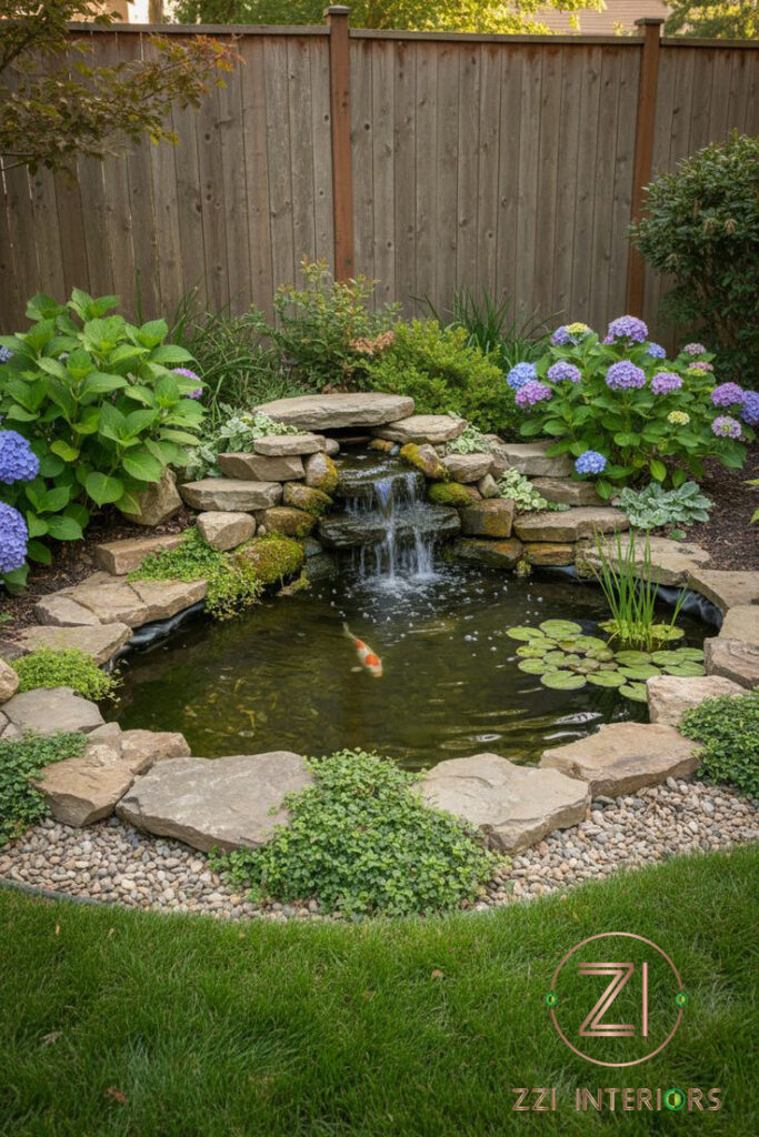 Garden pond creating depth and layering in a luxury Dubai villa outdoor space
