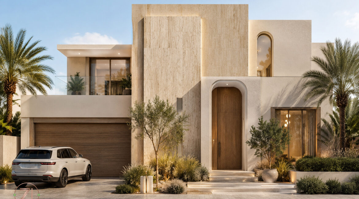 Travertine and sandstone finishes in a luxury Dubai villa interior