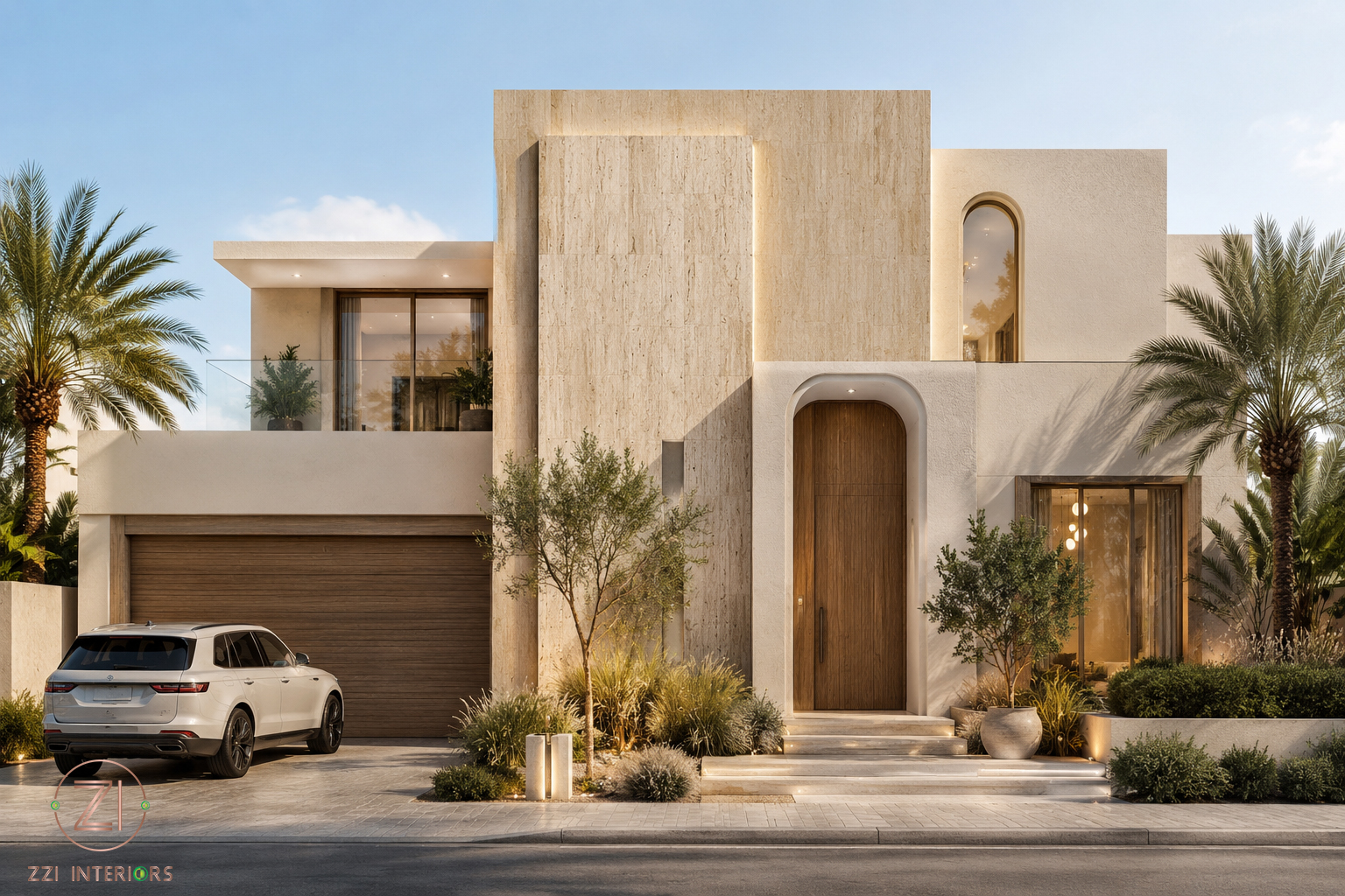 Travertine and sandstone finishes in a luxury Dubai villa interior