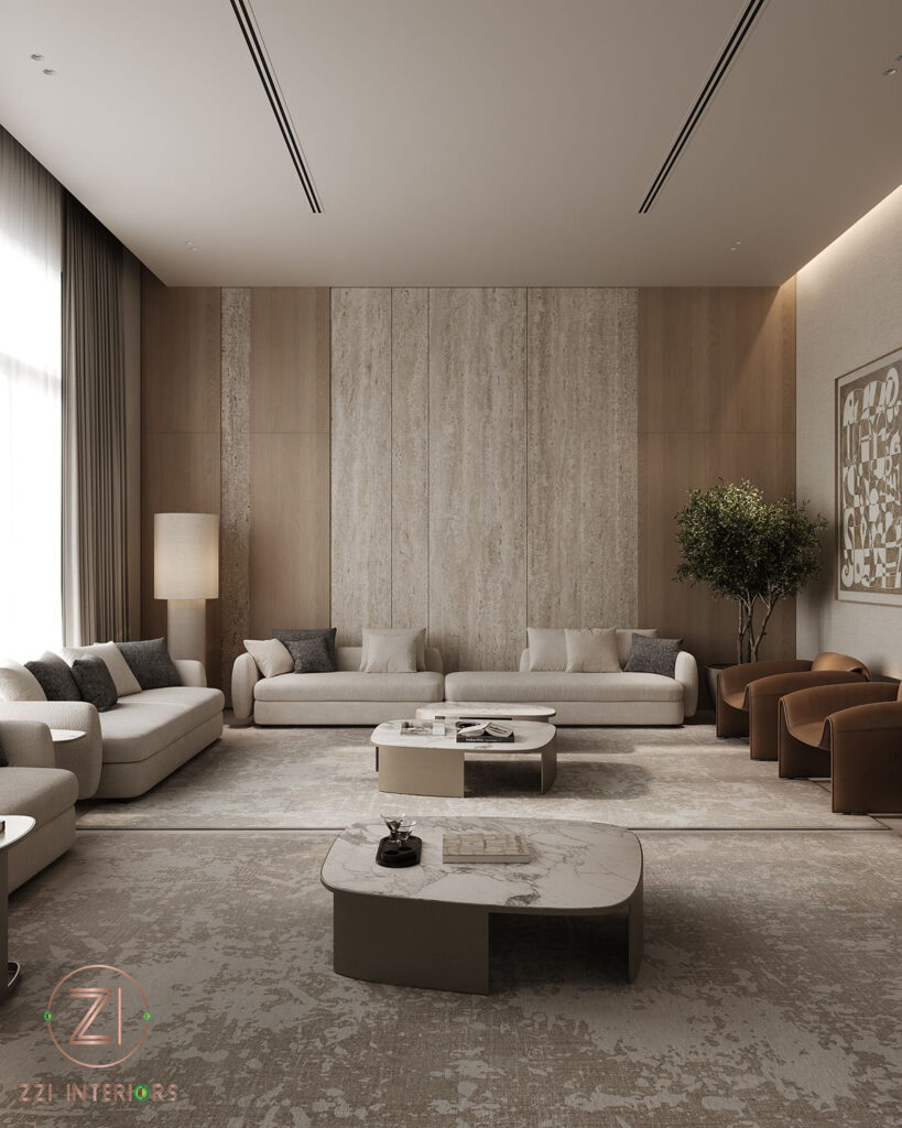 Close-up of brushed travertine tiles used around a Dubai villa pool area
