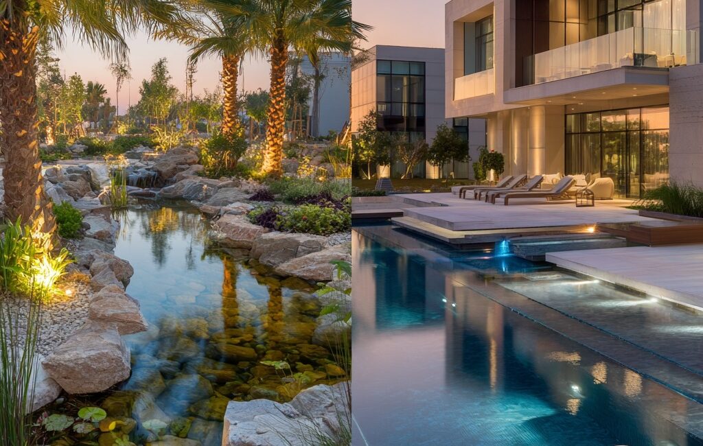 Natural pond vs traditional pool design in Dubai villa