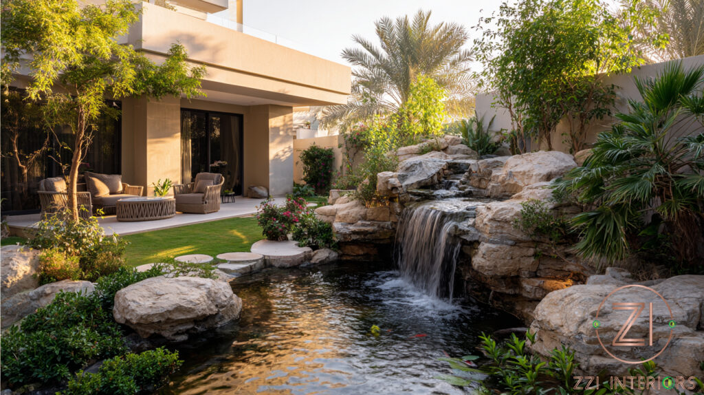 Stacked stone waterfall feature flowing into recreational pond in Dubai villa garden with natural landscaping