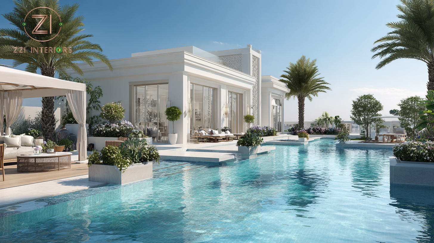 Luxury swimming pool design in Dubai villa with natural stone decking and tropical landscaping