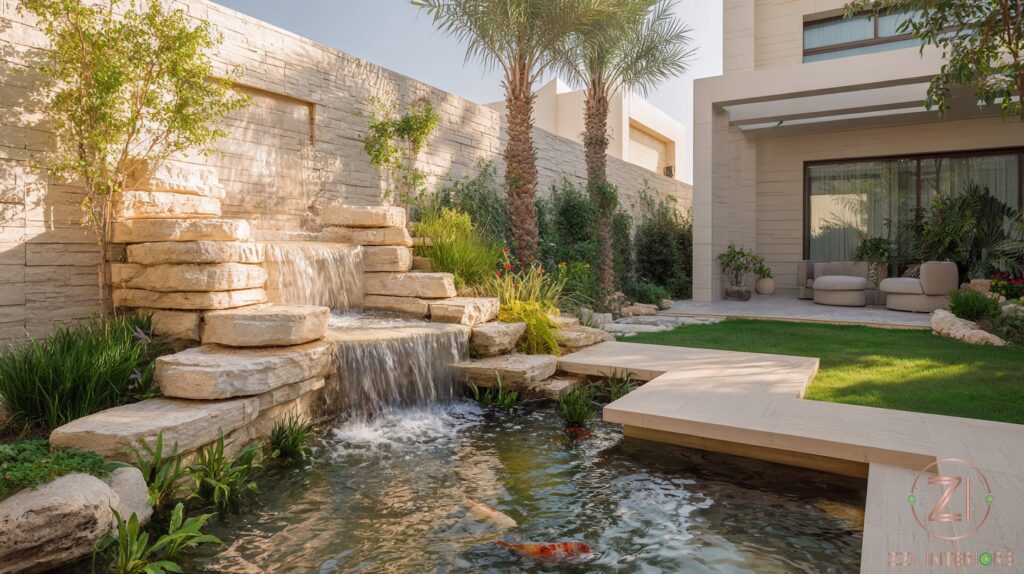 Stunning stacked stone waterfall pond complementing modern Dubai villa architecture and outdoor garden design