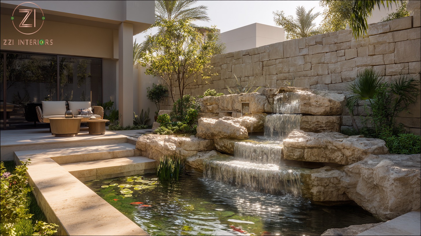 Natural stacked stone waterfall built with layered slate sandstone and travertine flowing into villa pond in Dubai