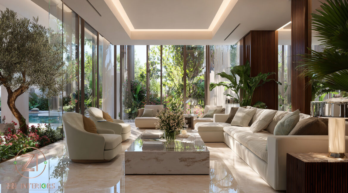 Lush tropical garden design in a Dubai villa featuring palm trees, bougainvillea, and a water feature by ZZI Interiors