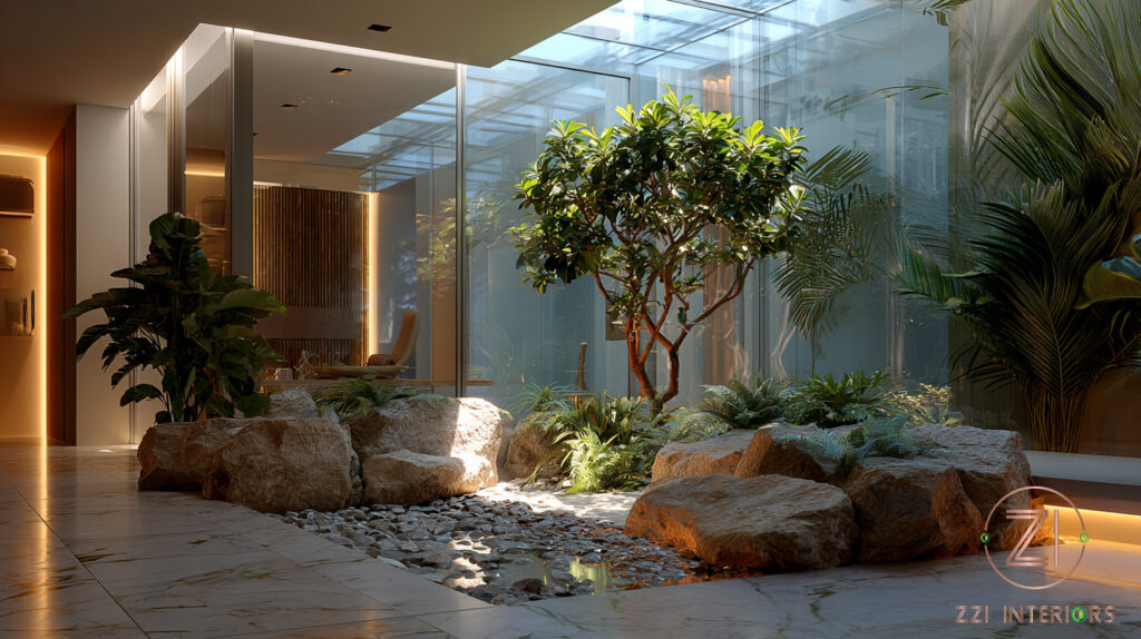 Cascading bougainvillea over a pergola in a luxury tropical villa garden in Dubai