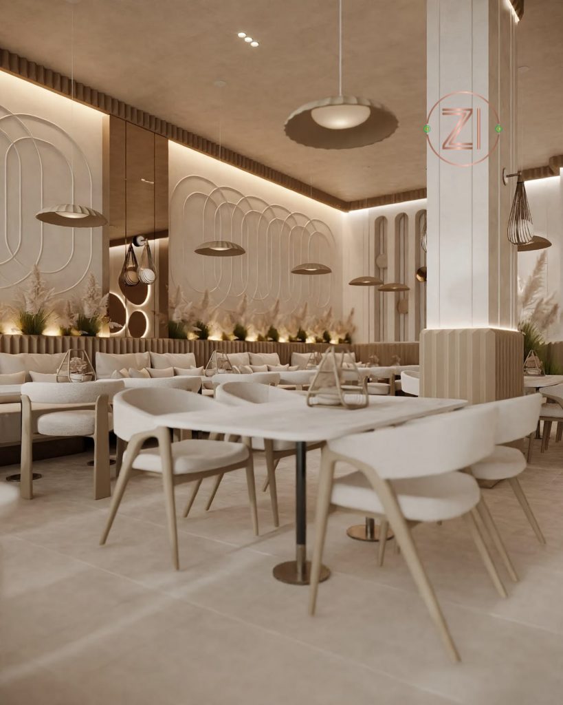 Cafe seating layout showcasing commercial interior design in Dubai