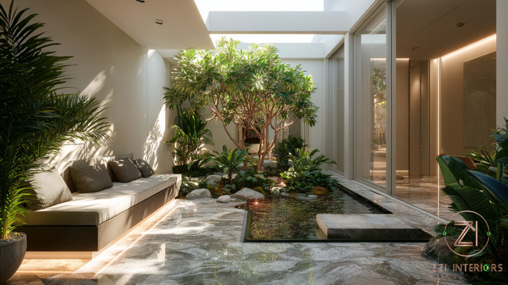 Indoor Monstera and palm plants blending garden and interior design in a Dubai villa