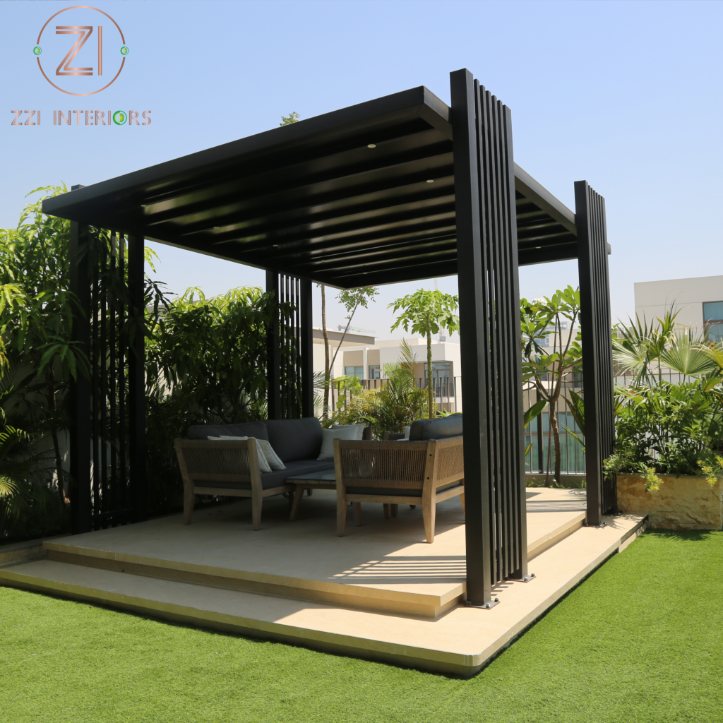 Wooden and aluminum pergola design options for UAE villas