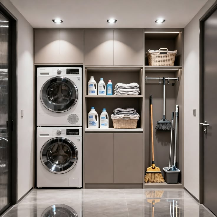 Laundry room with washer and dryer hidden behind cabinets