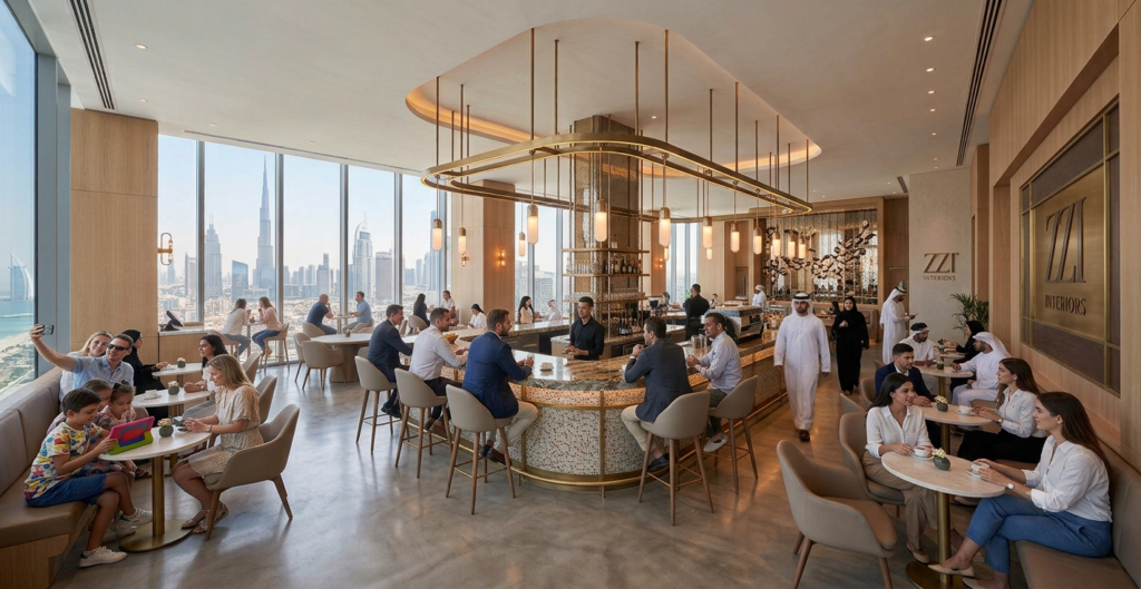 Zareen Shaikh, lead designer at ZZI Interiors, working on a cafe interior design project in Dubai