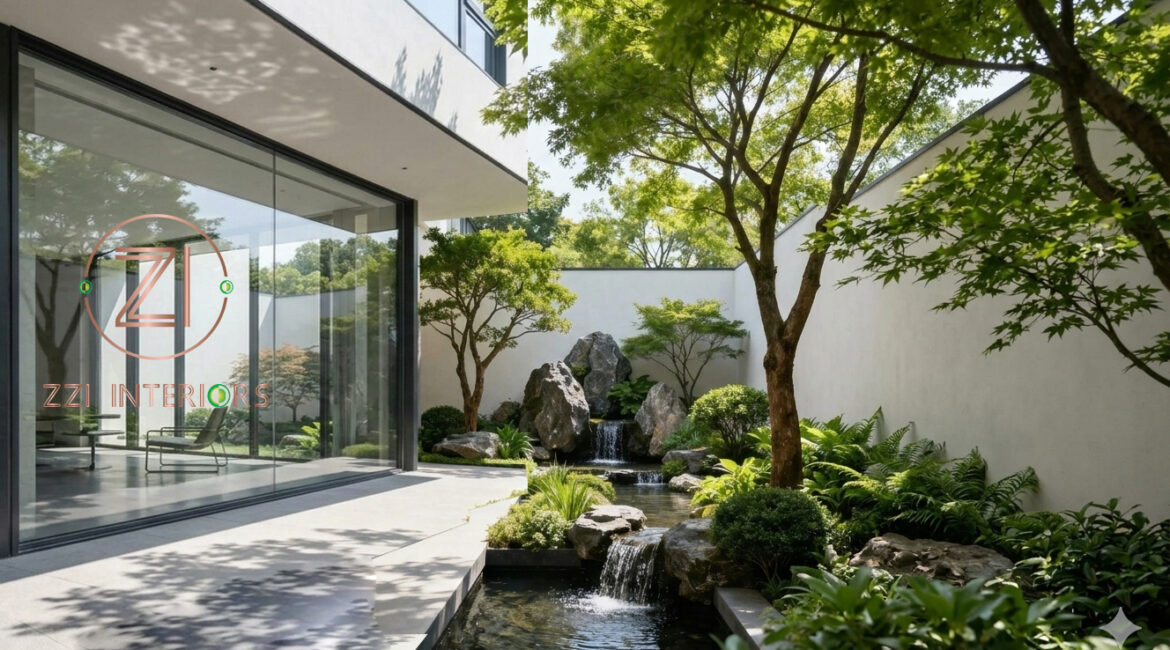 Modern water fountain for villa garden in Dubai landscaping