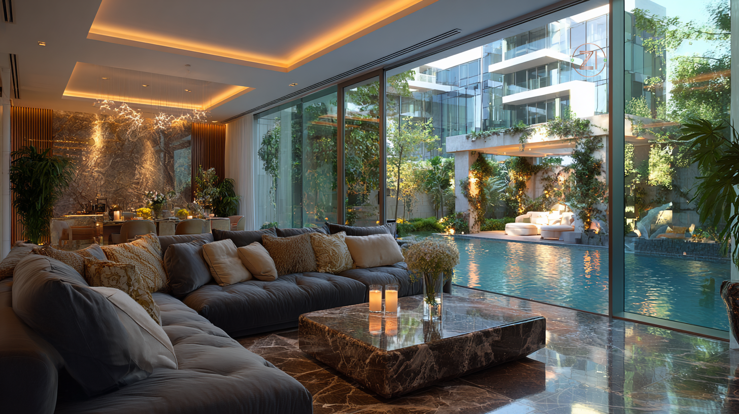 Luxury pool area design matching interior style in Dubai villa
