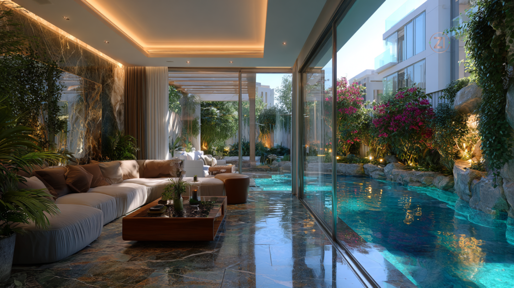 Pool deck with natural stone flooring and warm ambient lighting
