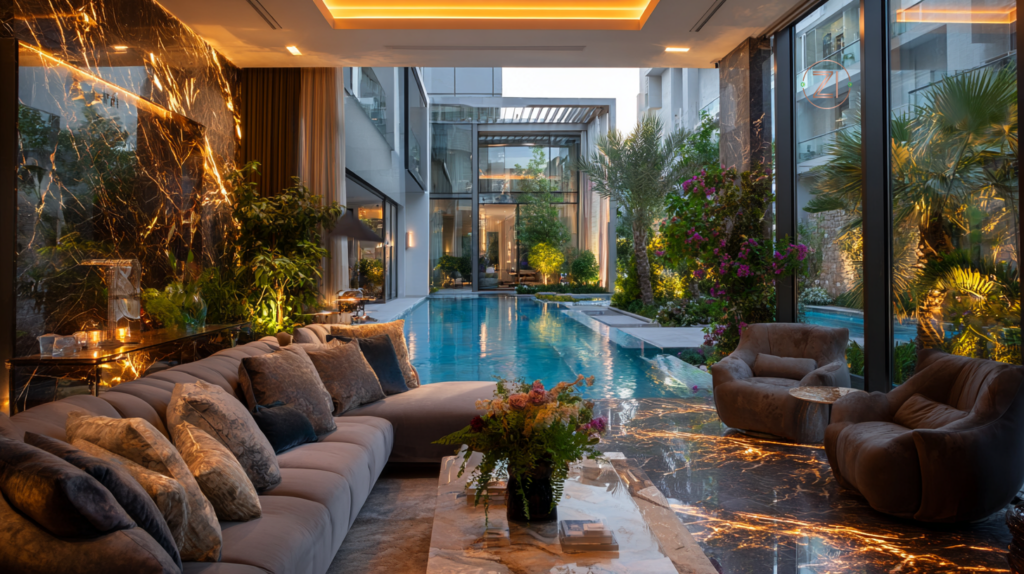 Modern poolside furniture and shaded seating area in villa pool design