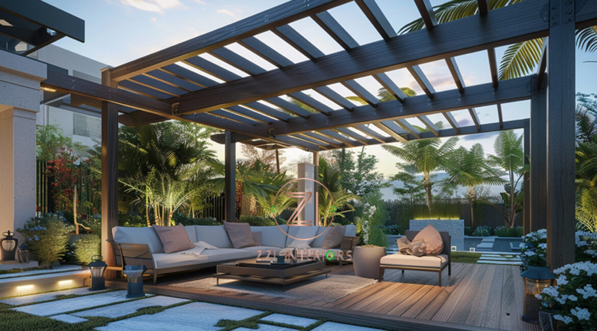 Aluminum pergola with outdoor dining area in a Dubai villa