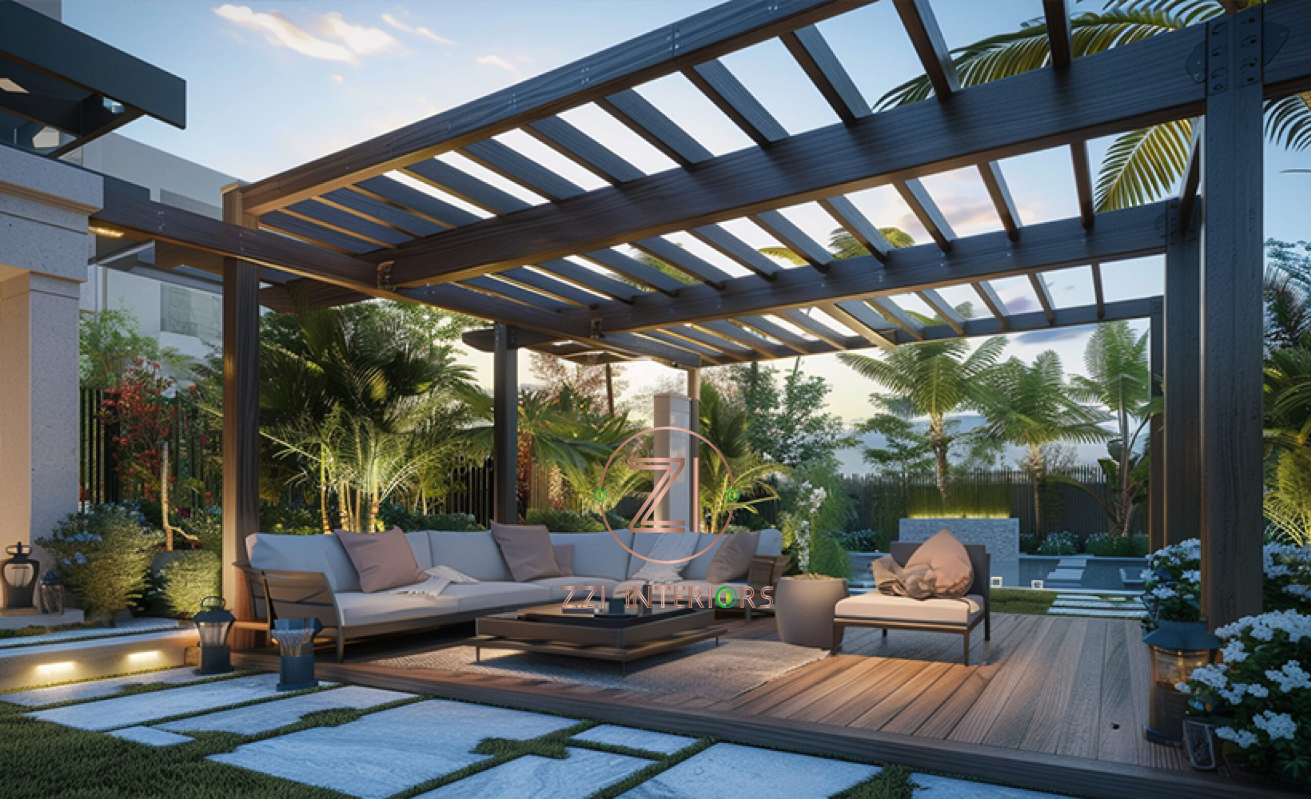 Aluminum pergola with outdoor dining area in a Dubai villa