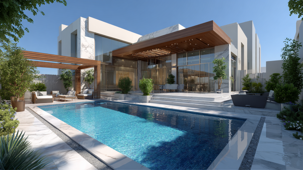 Infinity edge pool with dark tiles for Dubai villa