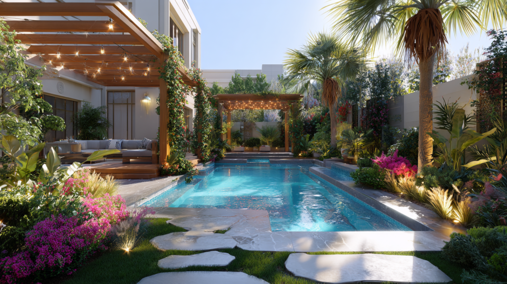 Layered greenery and palm trees around Dubai villa pool
