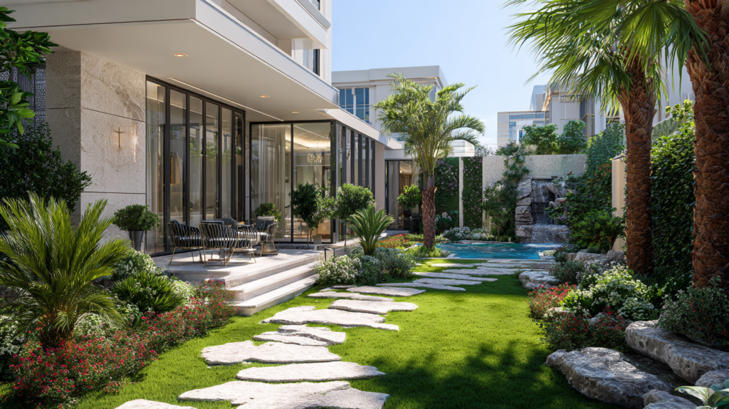Natural stone pathway and pergola shade near Dubai pool
